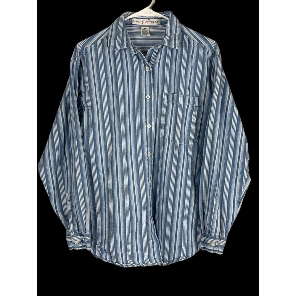 Vintage Denim Kikomo Wear Button Down Striped Shirt Blue Size Medium